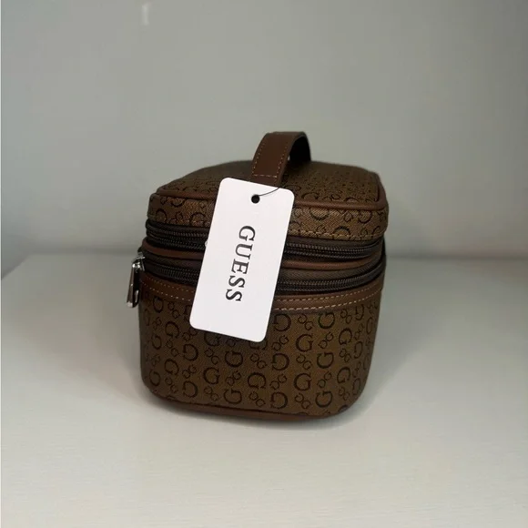 Guess Travel Cosmetic Bag Brown Logo 2 Tier Makeup Case Double Layer Organizer - Picture 2 of 8